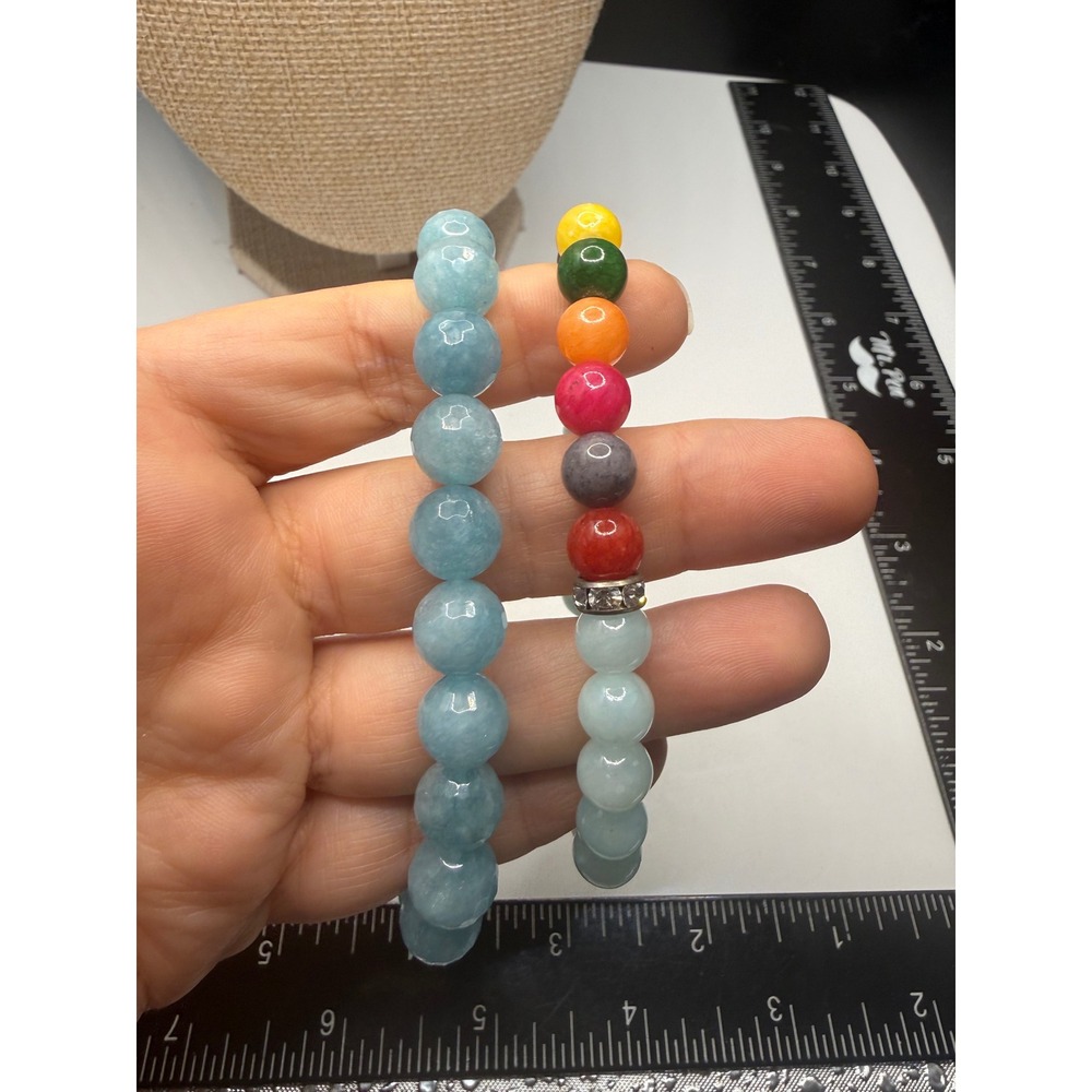 Aquamarine Chakra Bead Stretch Bracelet Set 2pc Rainbow Gemstone Healing Jewelry